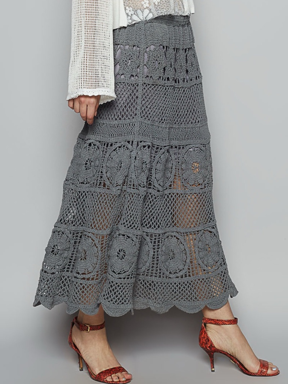 NWT POL Bohemian Gray Crochet Maxi Skirt One Size
